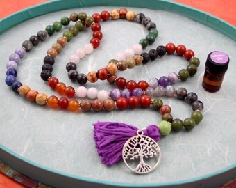 Natural Gemstone Mala necklace - 108 Mala meditation beads with 8mm genuine stones, wood and lava stone diffuser beads