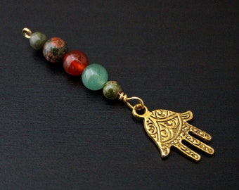 Green Serpentine, Unakite, Red Carnelian and Aventurine Hidden Treasures Tree of Life or Hamsa Blessingway Bead - midwife gift