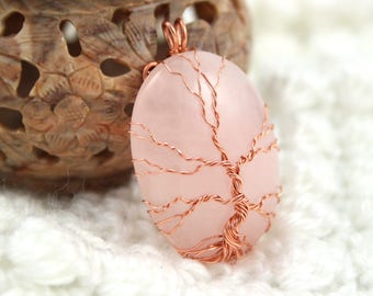 Rose Quartz Tree of Life copper wire-wrapped pendant, Yggdrasil, World Tree pendant