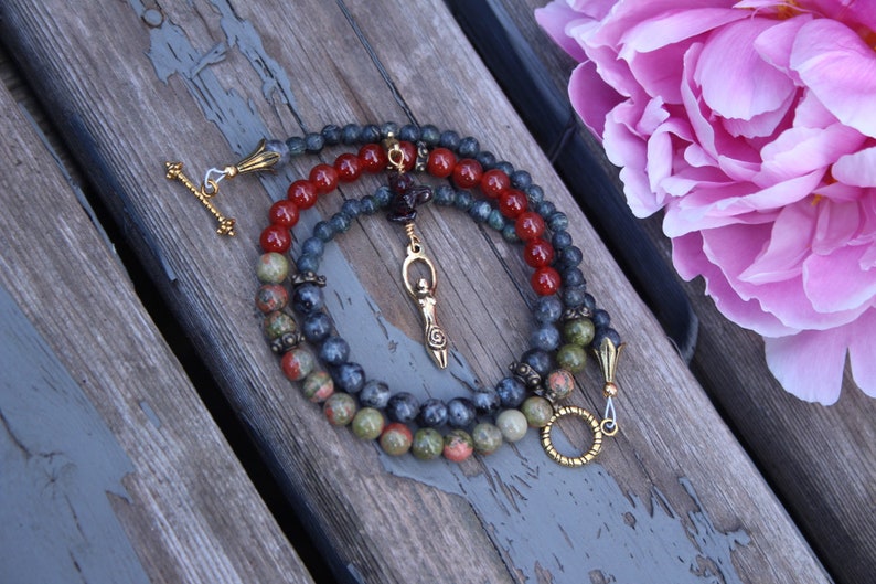 Pregnancy Tracking Necklace Pick your charm Sunlit Meadow red carnelian, labradorite, unakite, garnet image 4