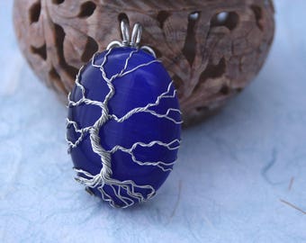 Blue Cat's Eye Tree of Life wire-wrapped pendant, Yggdrasil, World Tree pendant
