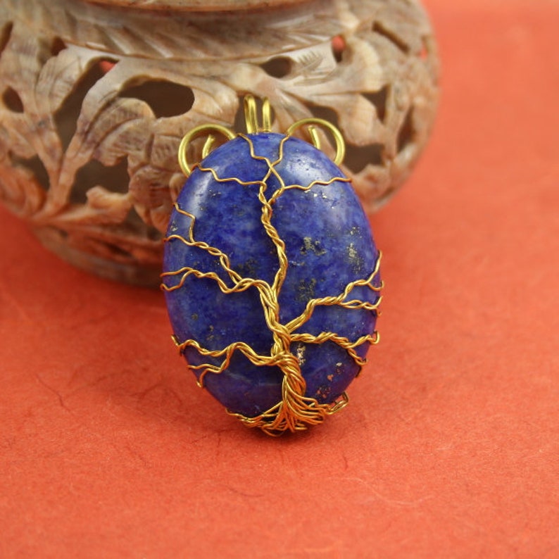 Yggdrasil Lapis lazuli blue Tree of Life gold-plated wire-wrapped pendant World Tree pendant