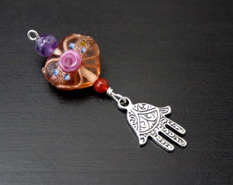 Amethyst and red agate Peach Blossom Heart Hamsa / Hand of Fatima or Tree of Life Blessingway bead - midwife gift, doula gift