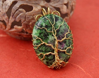 Green and Purple Zoisite gold-plated wire Tree of Life pendant, green tree pendant, green tanzanite pendant, Yggdrasil, World Tree pendant
