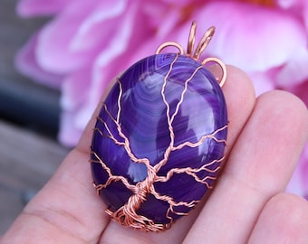 Purple veins agate copper wire-wrapped Tree of Life pendant, Yggdrasil, World Tree pendant