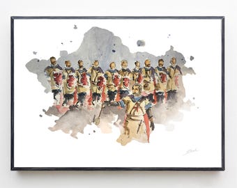 May include: Watercolour painting depicting a group of medieval soldiers in beige and red attire, holding shields. The artwork features a leader in the foreground, pointing with a staff. The background has a grey watercolour wash, framed in black.
