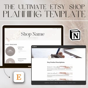 May include: A digital Etsy shop planning template displayed on a laptop screen. The template includes sections for shop name, product ideas, and listing progress. The text "THE ULTIMATE ETSY SHOP PLANNING TEMPLATE" is at the top.