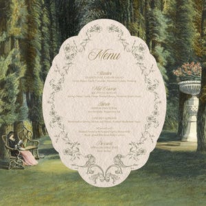 Puede incluir: Una tarjeta de menú ovalada con un borde floral y la palabra "Menu" en escritura elegante. El fondo presenta una escena de parque con árboles, una pareja y una mujer sentada en una silla. El menú enumera varios platos.