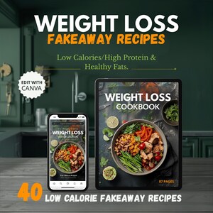 Op de afbeelding: Afbeelding die gewichtsverlies promoot met de tekst "WEIGHT LOSS FAKEAWAY RECIPES". Het toont een smartphone en een tablet met een kookboekcover met een kleurrijke voedselafbeelding.