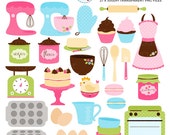 Retro Baking Clipart Set - cakes, apron, mixers, scales, oven, bowls, eggs, whisk - personal use, small commercial use, instant download