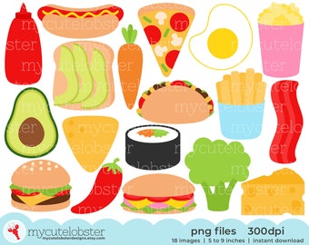 Savory Food Collection Clipart - set of pizza, hot dog, fries, sushi, food clip art - Instant Download, Personal Use, Commercial Use, PNG