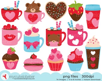 Valentine's Mugs & Treats Clipart - set of Valentine's mugs, cookies, love clip art - Instant Download, Personal Use, Commercial Use, PNG