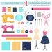 Bright Retro Sewing Clipart Set - sewing machines, safety pins, thimble, dress forms - Instant Download, Personal Use, Commercial Use, PNG 
