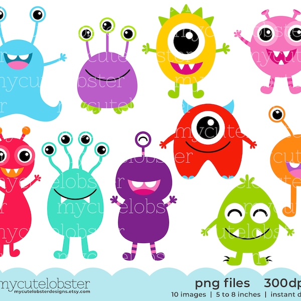 Monsters Clipart Set - set di clip art di simpatici mostri, mostri, personaggi, festa - Download istantaneo, Uso personale, Uso commerciale, PNG