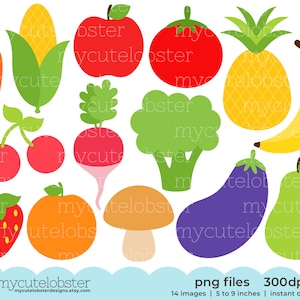 Fruit & Vegetables Clipart - clip art set of pineapple, banana, carrot, peas, food - Instant Download, Personal Use, Commercial Use, PNG