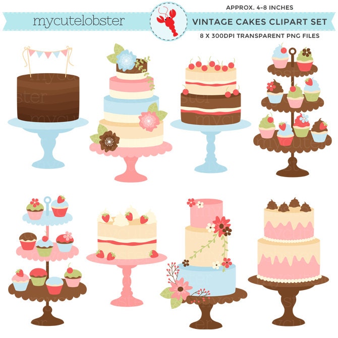 Pretty Vintage Cakes Clipart Set clip art set of cakes Etsy