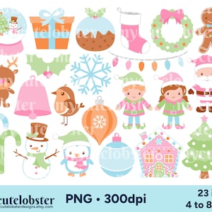 Clipart di Natale pastello - simpatico set di clipart natalizie, Babbo Natale, elfo, calza, albero - Download immediato, uso personale, uso commerciale, PNG