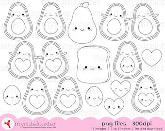 Cute Avocado Digital Stamps - avocado toast, outlines, happy avocado, line art - Instant Download, Personal Use, Commercial Use, PNG