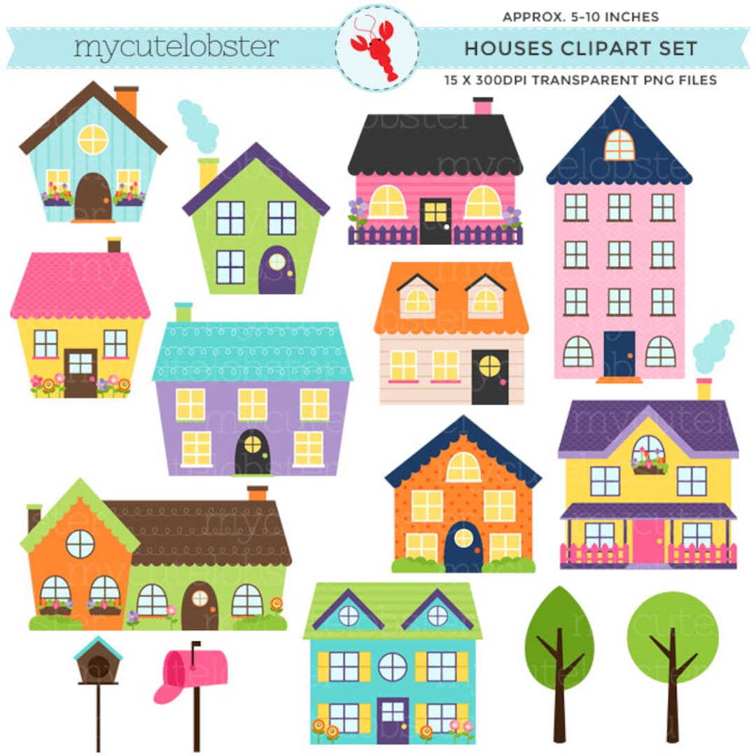 Houses Clipart Set Clip Art Set of Houses, Bright Houses, Cute Houses, House, Trees Instant