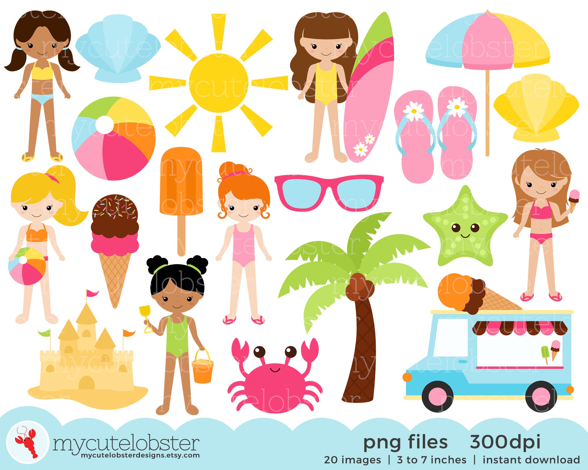 Download Girls Beach Clipart Set Sandcastle Summer Ice Cream Etsy