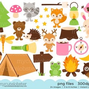 Camping Animals Clipart Set - tree, tent, forest, torch, frog, rabbit, bear, wood - Instant Download, Personal Use, Commercial Use, PNG