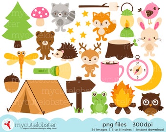 Camping Animals Clipart Set - tree, tent, forest, torch, frog, rabbit, bear, wood - Instant Download, Personal Use, Commercial Use, PNG