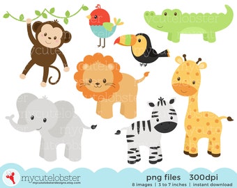 Baby Safari Animals Clipart Set - clip art set of monkey, giraffe, lion, elephant - Instant Download, Personal Use, Commercial Use, PNG