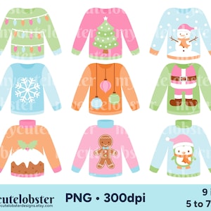 Clipart di maglioni natalizi pastello - Maglioni natalizi, maglioni brutti, maglioni festivi - Download immediato, uso personale, uso commerciale, PNG