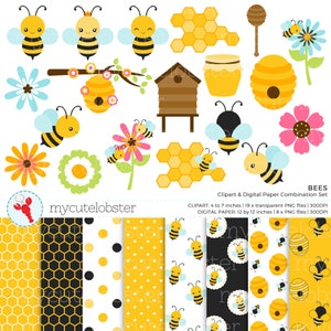 Bienen Clipart und digitales Papier Set - Clip Art Set von Bienen, Waben, Blumen, Papier - zum sofortigen Download, kommerzielle Nutzung, private Nutzung, PNG