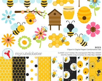 Bees Clipart & Digital Paper Set - clip art set of bees, honeycomb, flowers, paper - Instant Download, Personal Use, Commercial Use, PNG