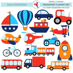 Transport Clipart Set - clip art set of transportation, vehicles, cars, train, boat - Instant Download, Personal Use, Commercial Use, PNG