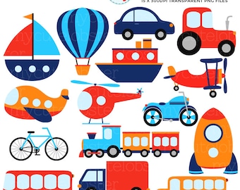 Transport Clipart Set - clip art set of transportation, vehicles, cars, train, boat - Instant Download, Personal Use, Commercial Use, PNG