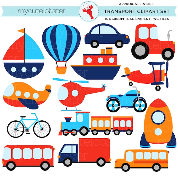 Ensemble de clipart transport - clipart de transport, véhicules, voitures, train, bateau - téléchargement immédiat, usage personnel, usage commercial, PNG