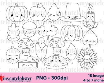 Thanksgiving Digital Stamps - happy Fall outlines, harvest clip art, PNG Digital Download