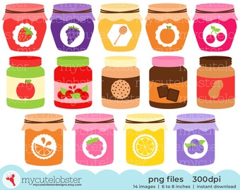 Jam & Spread Jars Clipart - set of jam jars, jelly, peanut butter, jars, food clip art - Instant Download, Personal Use, Commercial Use, PNG