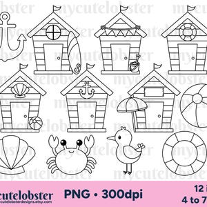 Sellos digitales de casas de playa - contornos de casas de playa, lindas casas de playa, verano, casas - Descarga instantánea, uso personal, uso comercial, PNG