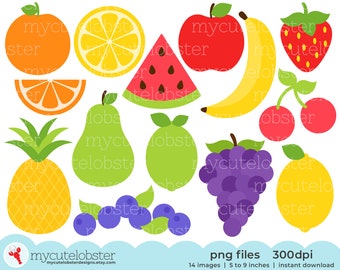 Fruit Clipart - clip art set of strawberry, apple, cherries, pineapple, food clipart - Instant Download, Personal Use, Commercial Use, PNG