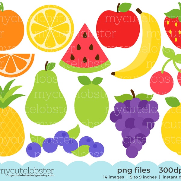 Clipart fruits - ensemble de clipart fraise, pomme, cerises, ananas, clipart nourriture - téléchargement immédiat, usage personnel, usage commercial, PNG