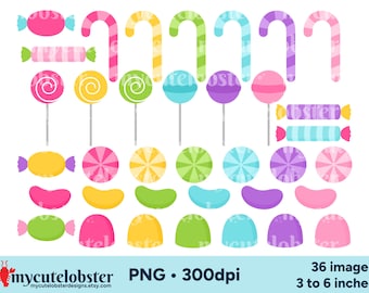 Könnte beinhalten: Ein Set mit 36 digitalen Clipart-Bildern von Süßigkeiten, darunter Lutscher, Zuckerstangen, Gummibärchen und verpackte Süßigkeiten. Die Süßigkeiten sind in verschiedenen Farben, darunter rosa, blau, grün, gelb und rot. Die Bilder sind perfekt zum Erstellen von Partyeinladungen, zum Scrapbooking oder für andere Bastelprojekte.