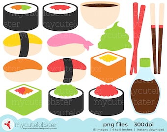 Sushi Clipart - set of sushi rolls, fish sushi, wasabi, soy sauce, sushi clip art set - Instant Download, Personal Use, Commercial Use, PNG