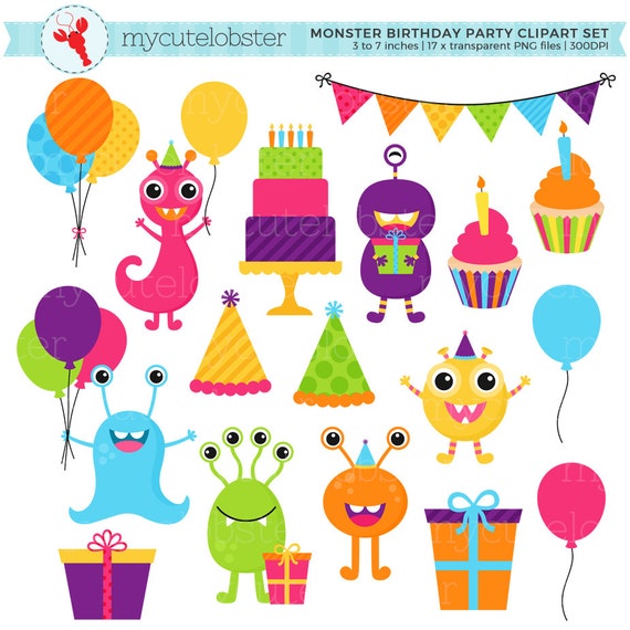 Monster Birthday Party Clipart Set Clip Art Set Of Monsters Etsy