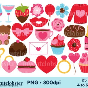 Valentine&#39;s Day Clipart - Valentine&#39;s clip art set, love hearts, romance, ring, bear - Instant Download, Personal Use, Commercial Use, PNG