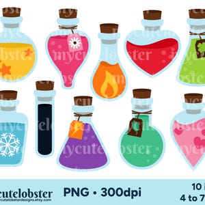Potions Clipart - set of potion bottles, love potion, luck potion, cute potions - Instant Download, Personal Use, Commercial Use, PNG