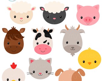 Farm Animal Faces Clipart Set - animal faces, farmyard, farm, cow, chicken, goat, cat - personal use, small commercial use, instant download