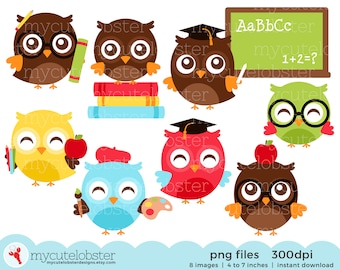School Owls Clipart Set - clip art set of owls, school, books, back to school, study - Instant Download, Personal Use, Commercial Use, PNG