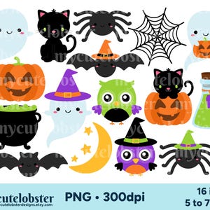 Halloween Freunde Clipart - süßes Halloween Clip Art Set, Geister, Eulen, Fledermäuse, Spinnen - Sofort Download, Kommerzieller Gebrauch, PNG