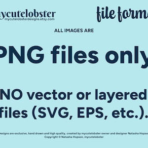 Puede incluir: Un gr&aacute;fico de texto azul sobre un fondo azul claro indica "TODAS LAS IM&Aacute;GENES SON ARCHIVOS PNG &Uacute;NICAMENTE. NO hay archivos vectoriales o en capas (SVG, EPS, etc.)." El texto es de la tienda Etsy mycutelobsterdesigns.etsy.com.
