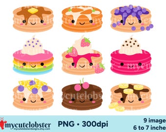 Könnte beinhalten: Neun digitale Illustrationen von niedlichen Cartoon-Pfannkuchen mit verschiedenen Belägen, darunter Blaubeeren, Erdbeeren, Schokoladenstückchen, Bananen und Schlagsahne. Jeder Pfannkuchen hat ein lächelndes Gesicht und ist etwa 15 bis 18 cm groß. PNG-Format, 300 dpi.