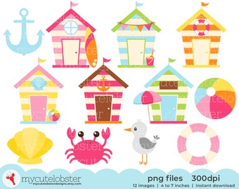 Beach Houses Clipart - set of cute beach huts, anchor, seagull, summer, clip art set - Instant Download, Personal Use, Commercial Use, PNG