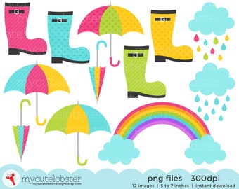 Rainy Day Clipart Set - clip art set of umbrellas, boots, clouds, rain, april shower - Instant Download, Personal Use, Commercial Use, PNG